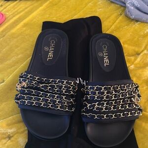 Chanel navy blue gold chain sandal